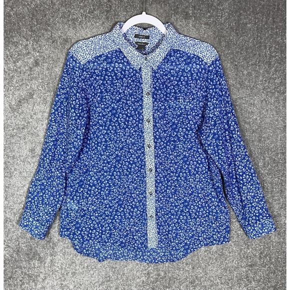 Eddie Bauer Classic Fit Floral Semi Sheer Crinkle Button Up Top Women Size PL - Picture 1 of 11
